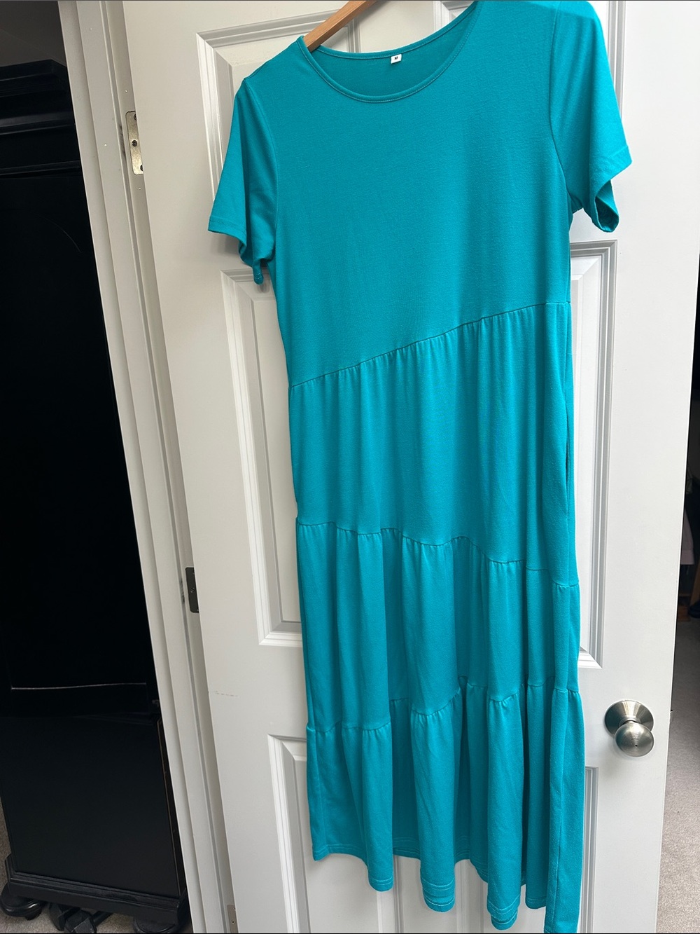 Tiered Teal Maxi Dress with Short Sleeves - Women
